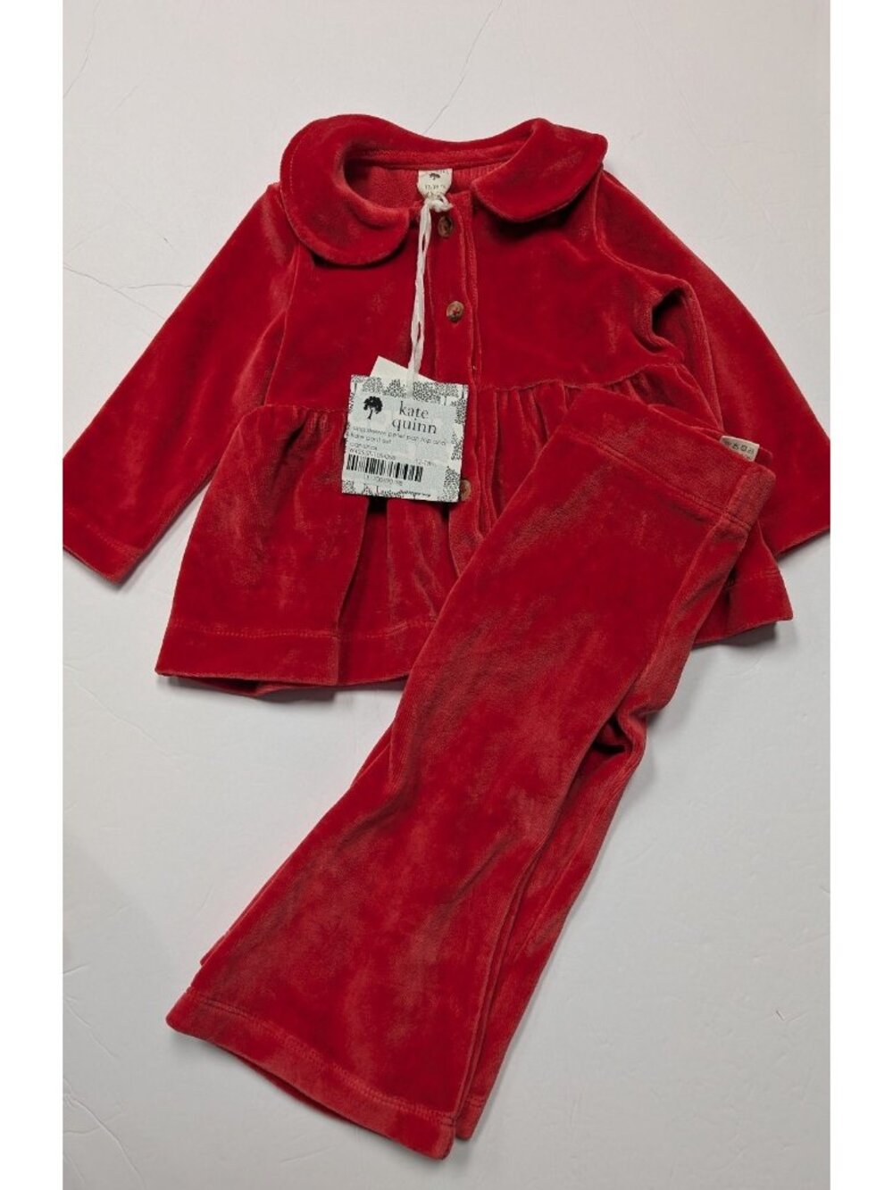 Kate Quinn Organic Cotton Velour Cardinal Red Peter Pan Top Flare Pant Set 12-18